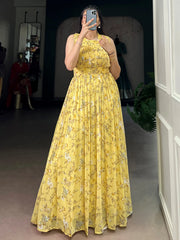 Elegant Yellow Floral Printed Georgette Casual Wear Dress