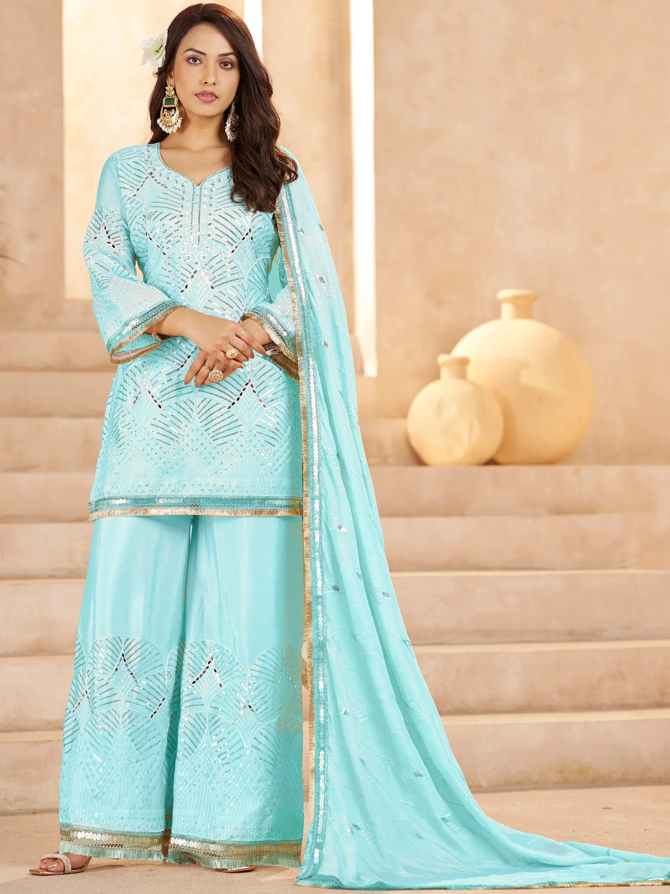 Enchanting Sky-Blue Mirror Work Chinon Traditional Palazzo Suit
