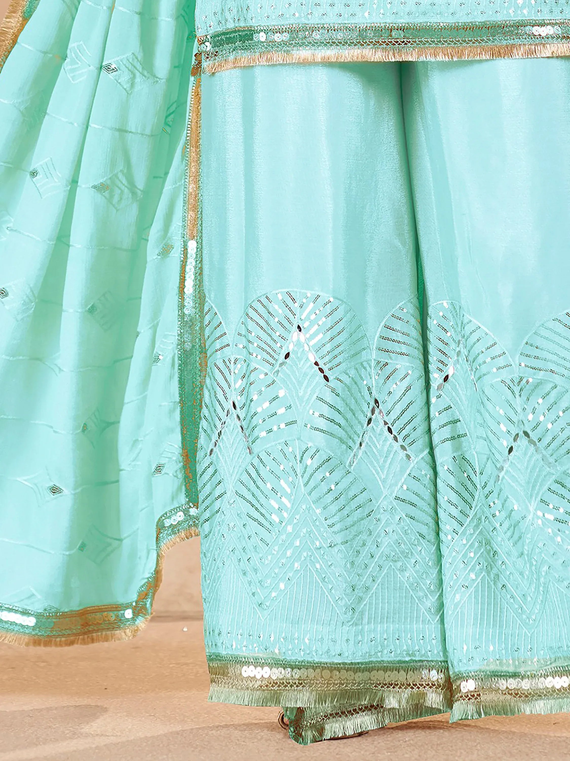 Enchanting Sky-Blue Mirror Work Chinon Traditional Palazzo Suit