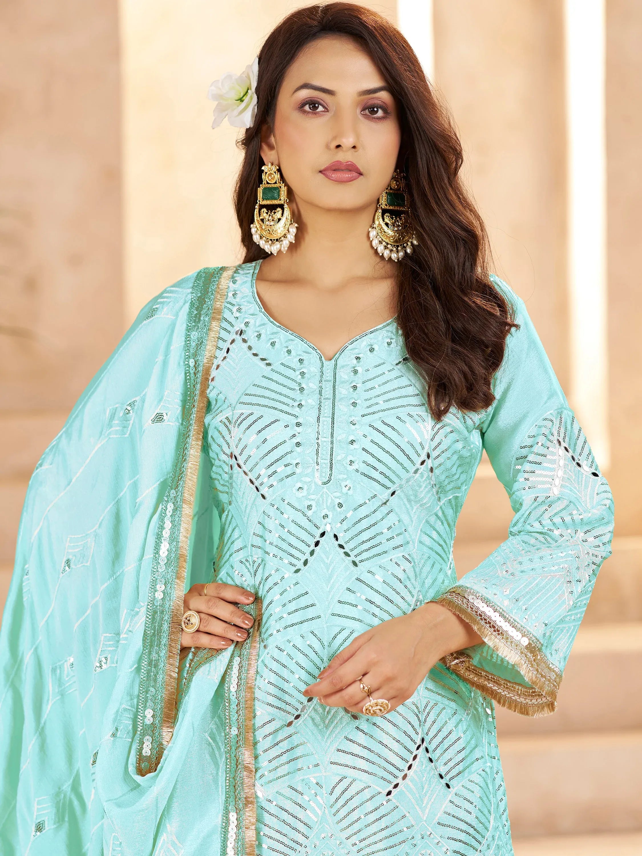 Enchanting Sky-Blue Mirror Work Chinon Traditional Palazzo Suit