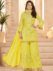 Fabulous Yellow Mirror Work Chinon Eid Special Palazzo Suit With Dupatta