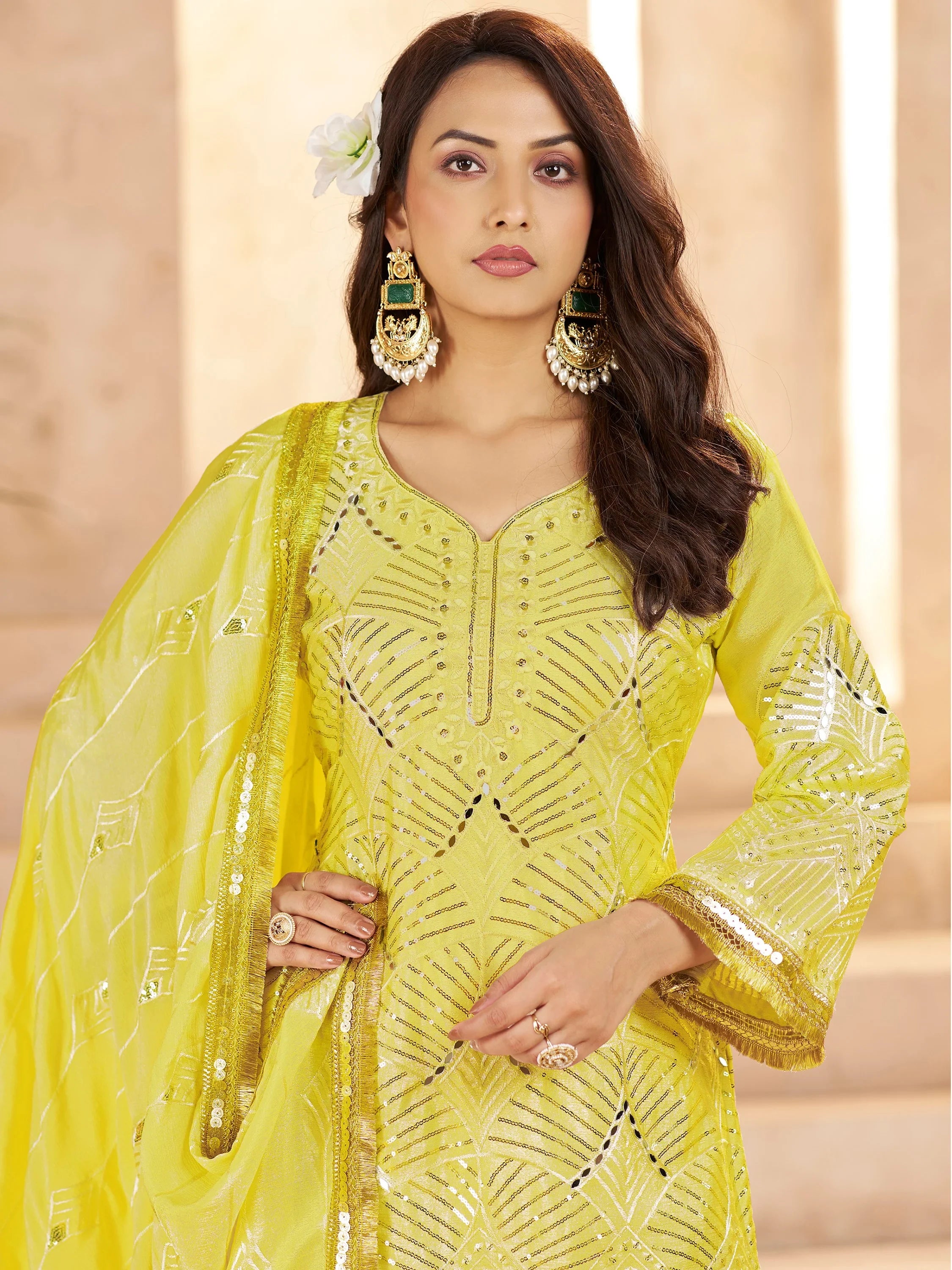 Fabulous Yellow Mirror Work Chinon Eid Special Palazzo Suit With Dupatta
