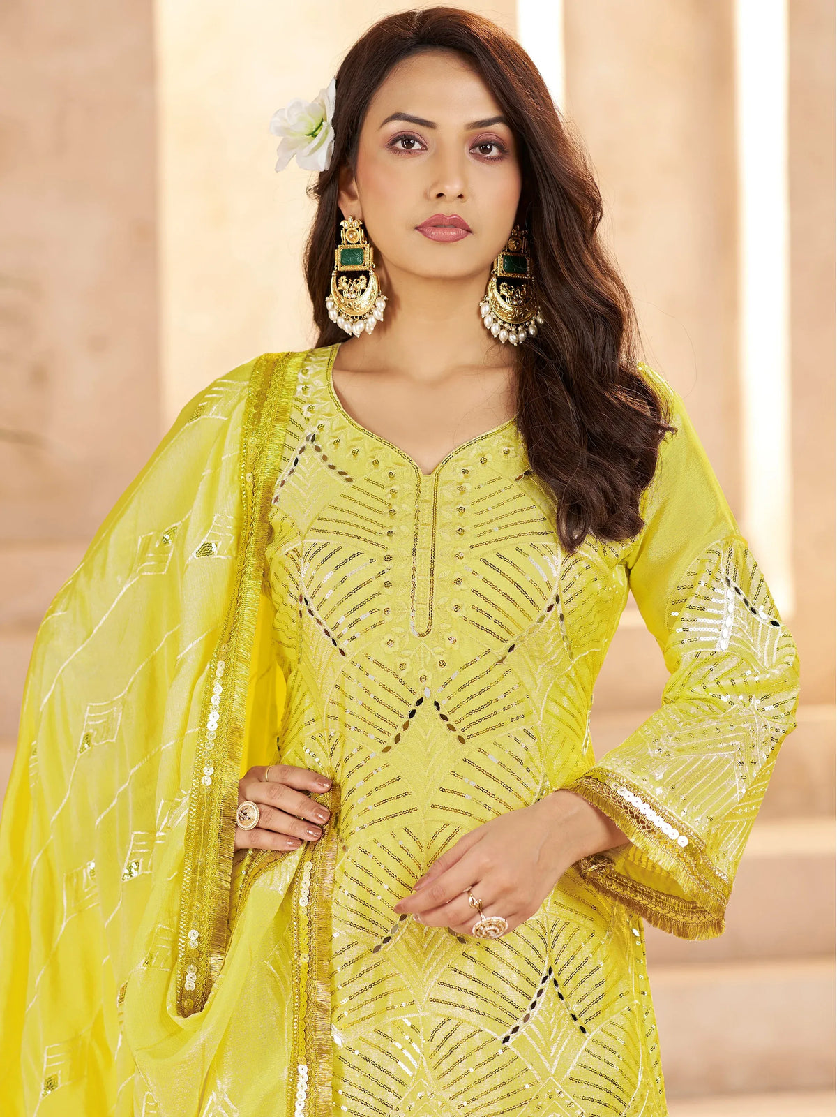 Fabulous Yellow Mirror Work Chinon Eid Special Palazzo Suit With Dupatta