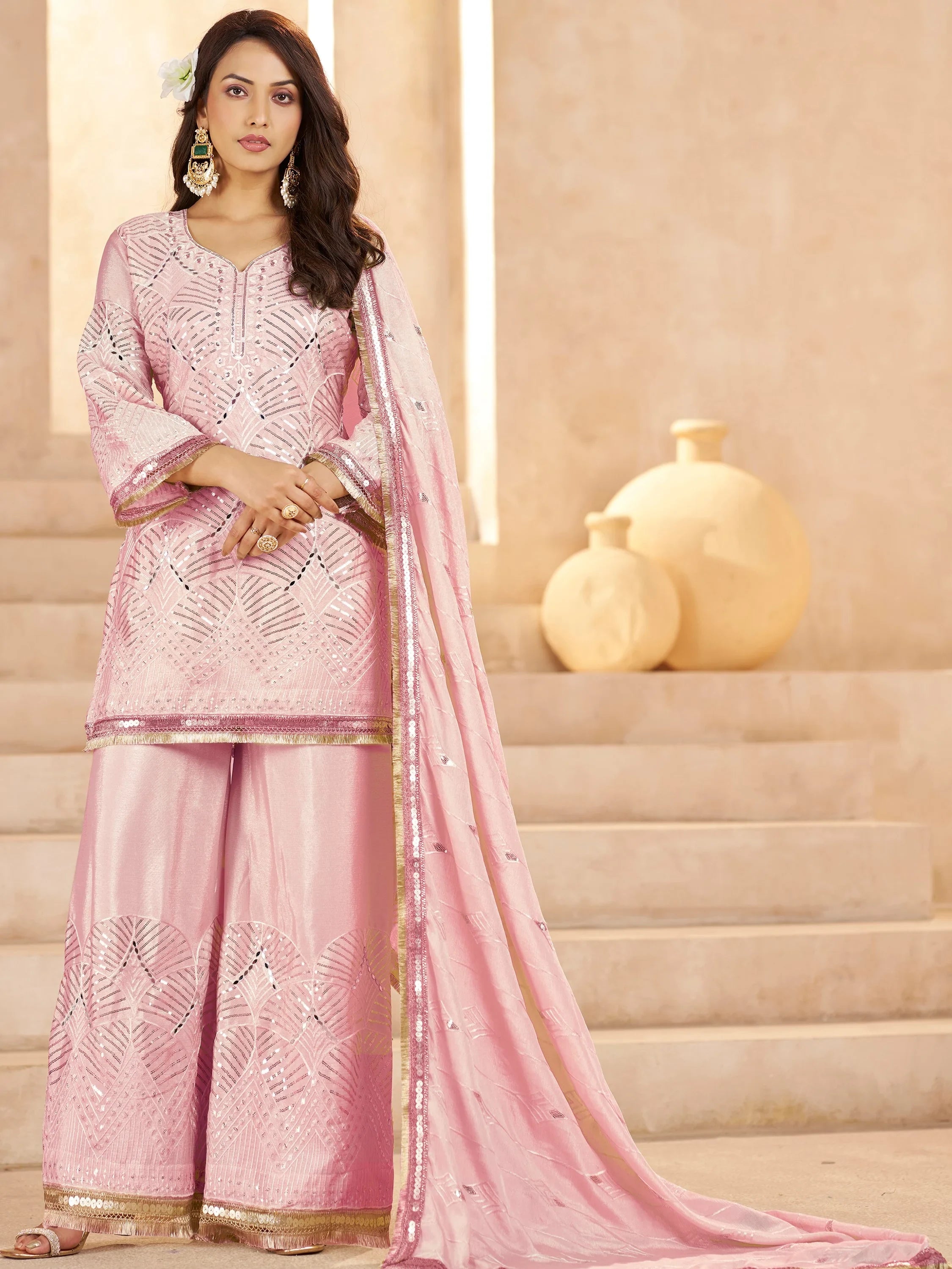 Elegant Pink Mirror Work Chinon Reception Wear Palazzo Suit