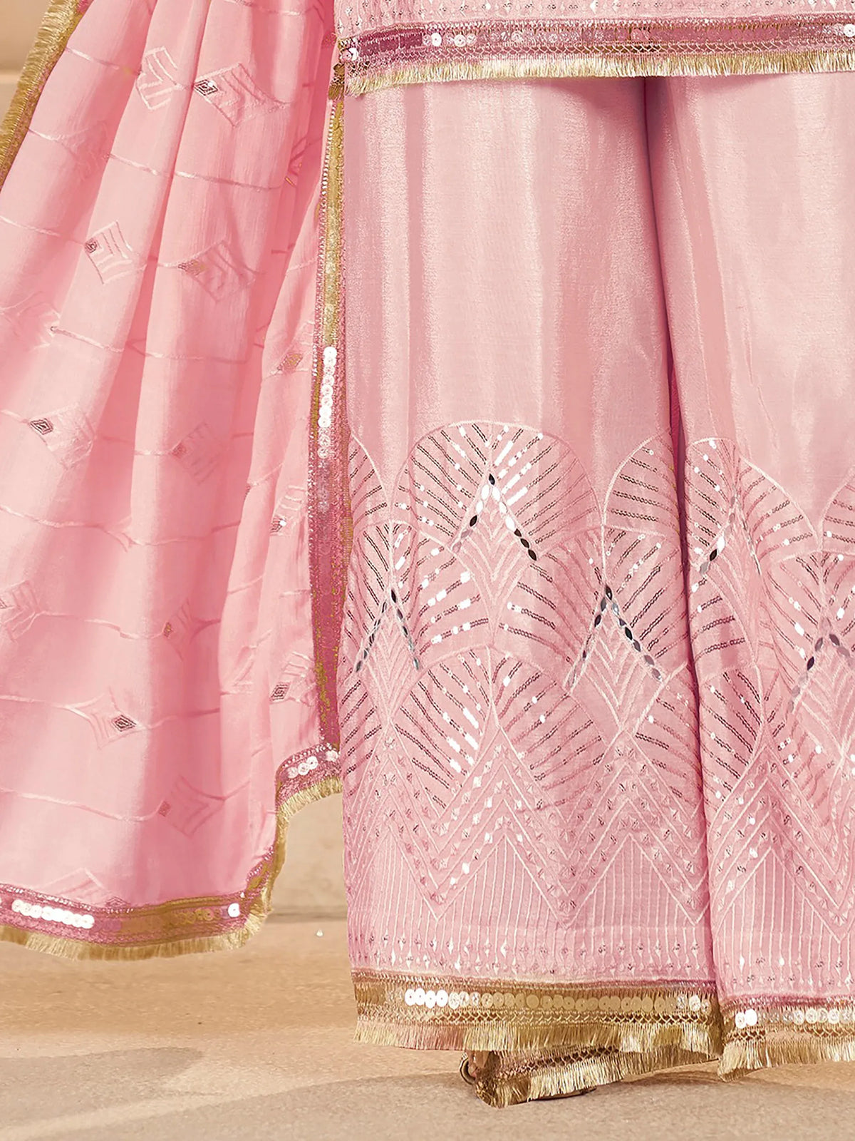 Elegant Pink Mirror Work Chinon Reception Wear Palazzo Suit