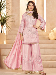Elegant Pink Mirror Work Chinon Reception Wear Palazzo Suit