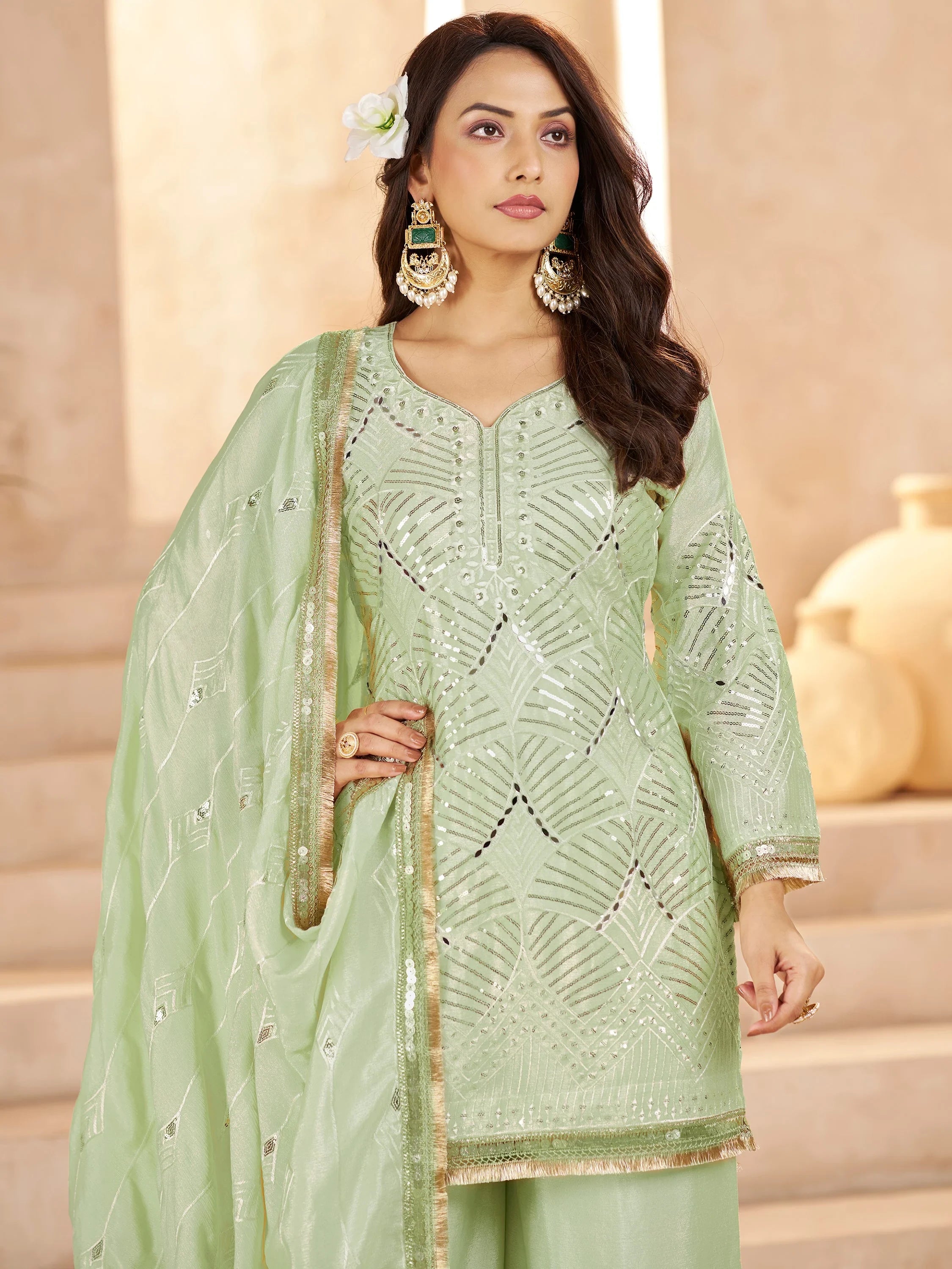 Beautiful Pista Green Mirror Work Chinon Festival Wear Palazzo Suit