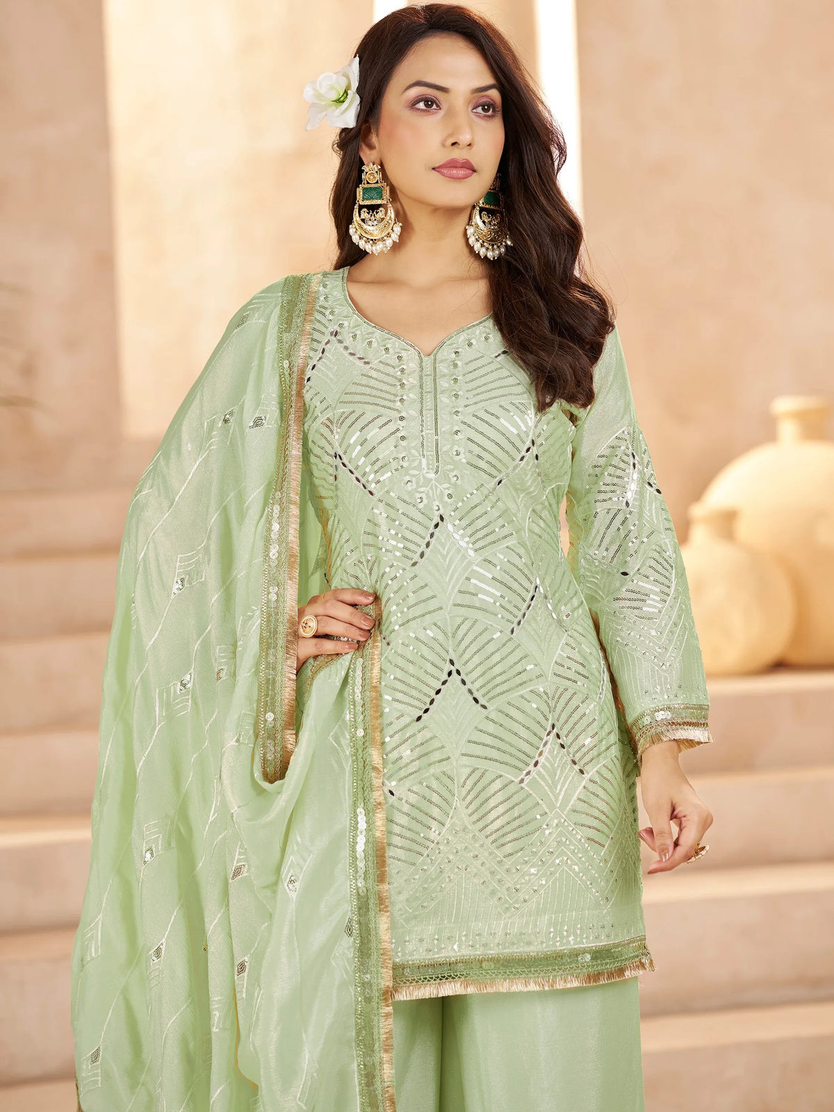 Beautiful Pista Green Mirror Work Chinon Festival Wear Palazzo Suit