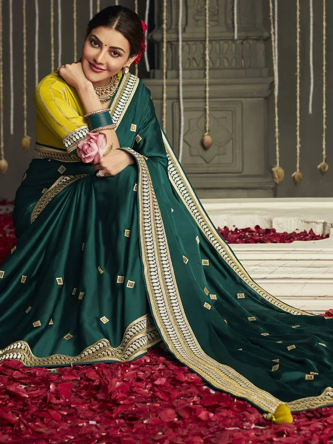 Elegant green and yellow designer lehenga choli with gold embroidery, perfect for Indian ethnic wear occasions.