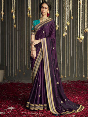 Fantastic Purple Silk Embroidered Reception Wear Saree With Blouse