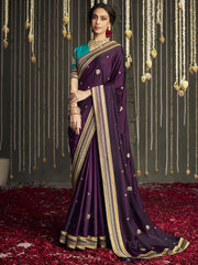 Fantastic Purple Silk Embroidered Reception Wear Saree With Blouse