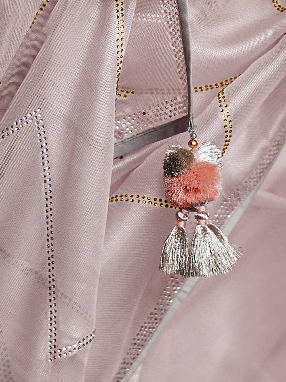 Pink ethnic saree with sequin embroidery and pom-pom tassel detailing