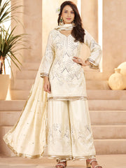 Sparkling Off-White Sequins Chinon Festival Wear Palazzo Suit