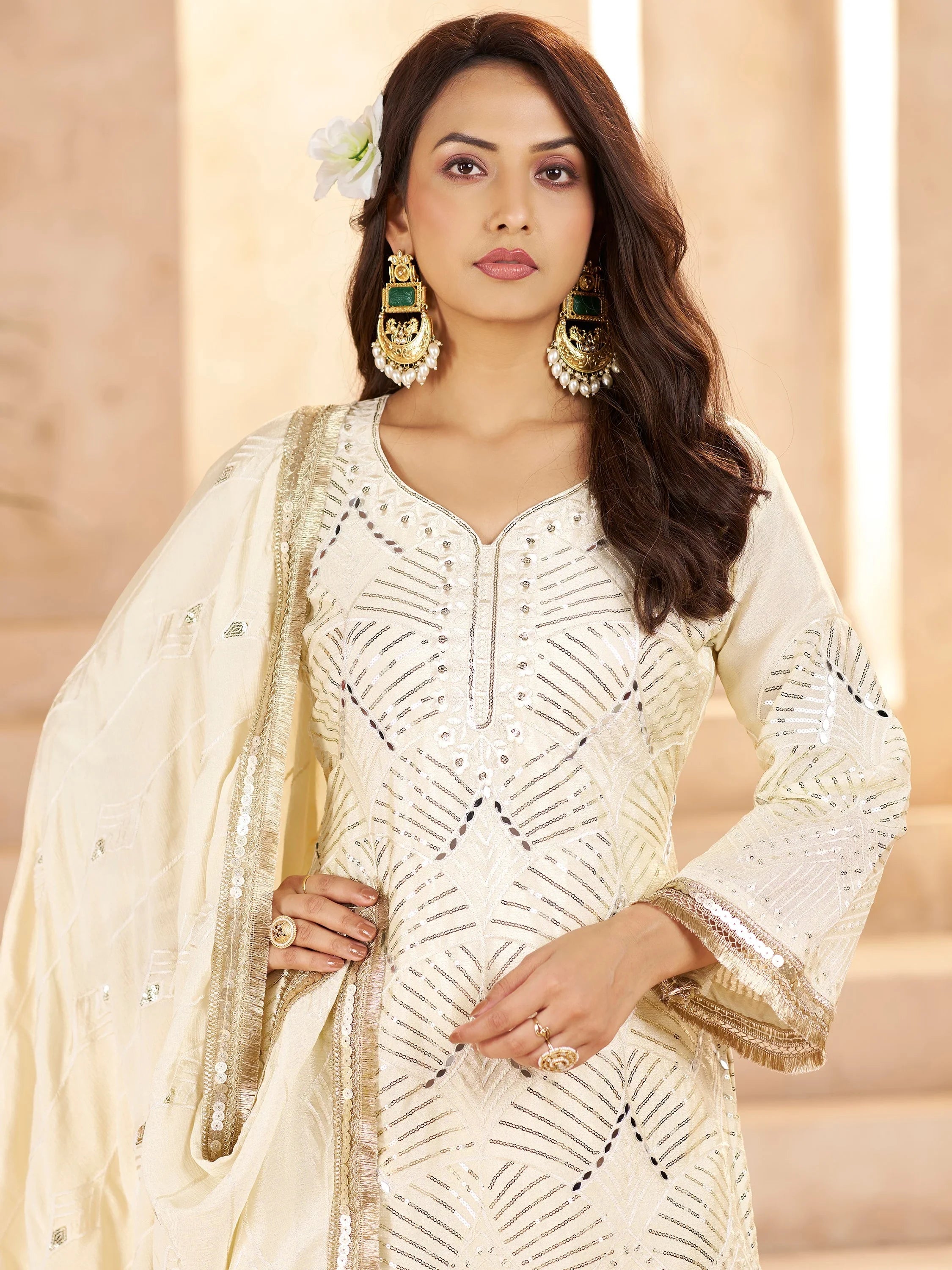 Sparkling Off-White Sequins Chinon Festival Wear Palazzo Suit
