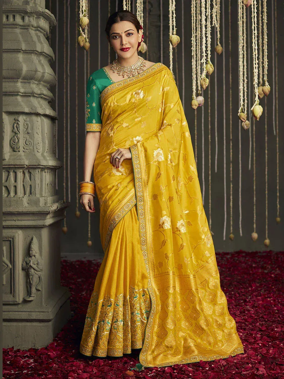 Yellow floral embroidered saree with green blouse, ethnic Indian wear for festive occasions