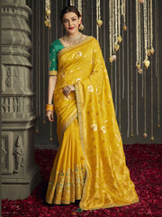 Dazzling Yellow Silk Zari Weaving Function Wear Saree With Blouse