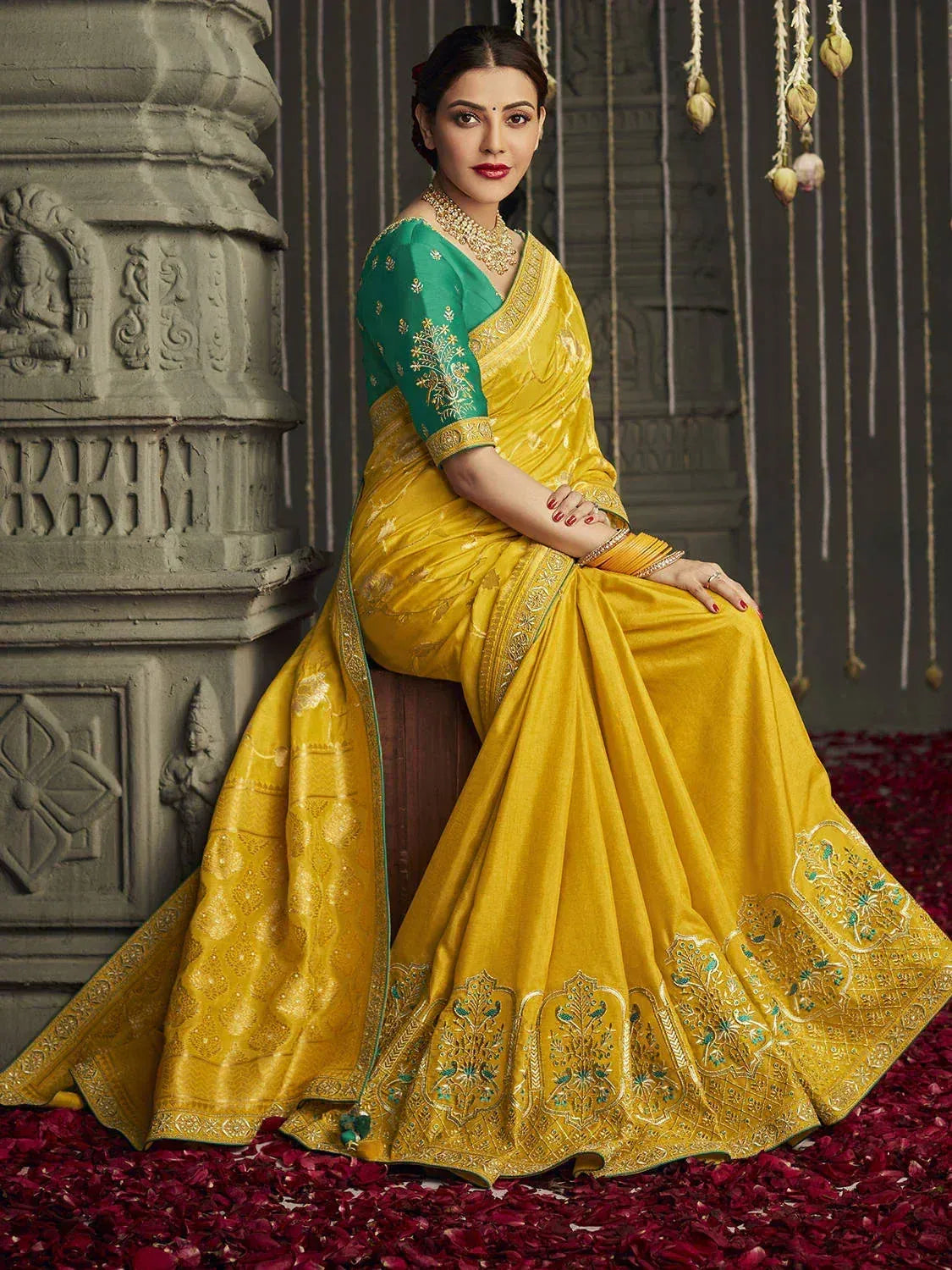 Yellow and green embroidered saree with gold detailing, perfect for Indian ethnic occasions