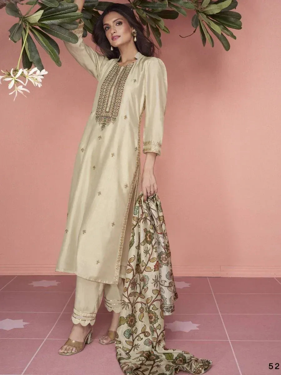 Beige embroidered salwar kameez with floral dupatta, Indian ethnic wear for women