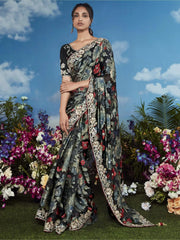 Adorable Black Floral Brasso Ceremony Wear Saree With Blouse