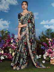 Adorable Black Floral Brasso Ceremony Wear Saree With Blouse