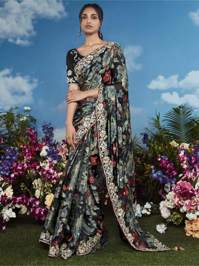 Adorable Black Floral Brasso Ceremony Wear Saree With Blouse