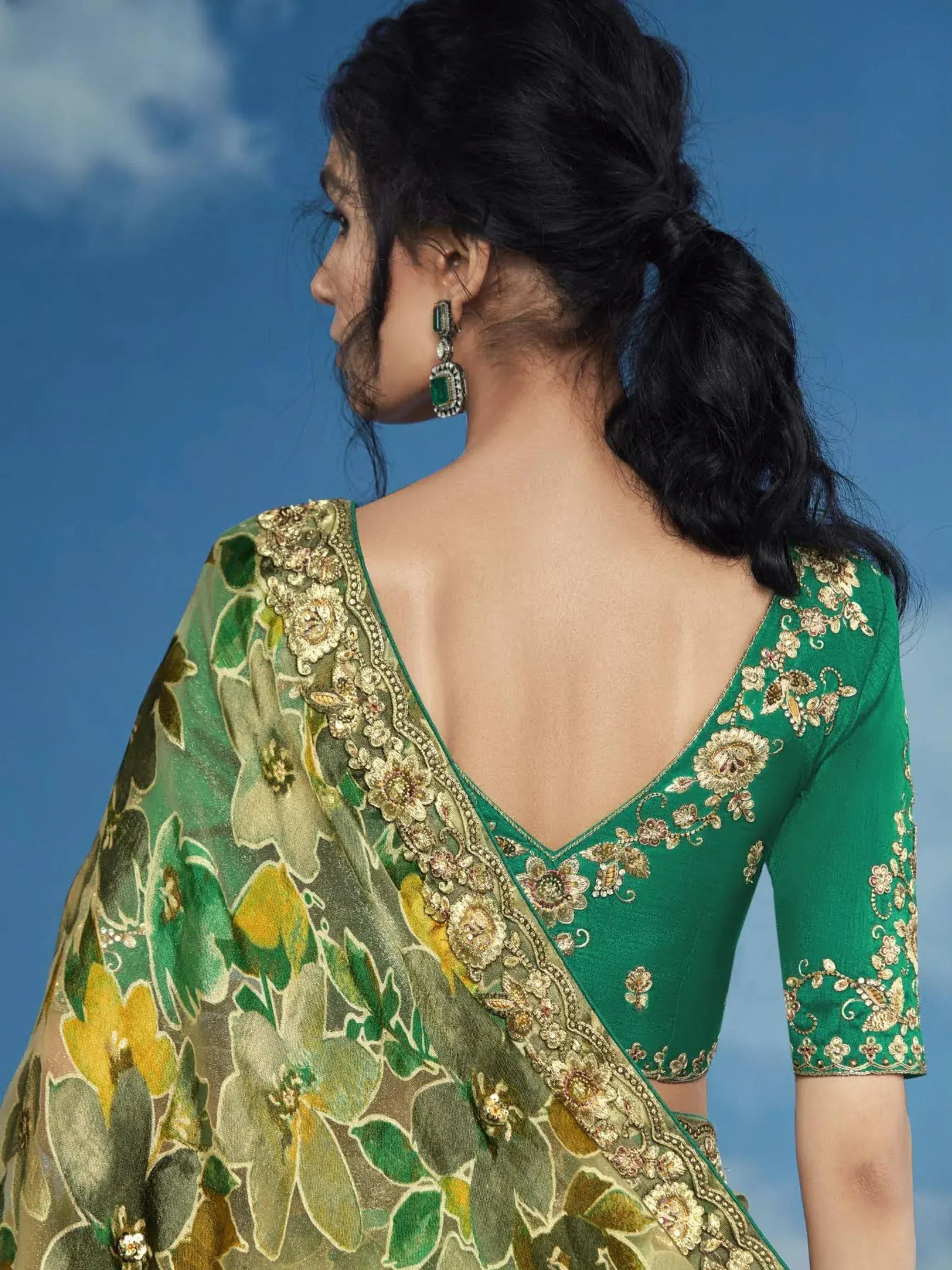 Green floral saree with gold embroidery and backless blouse, ethnic Indian wear