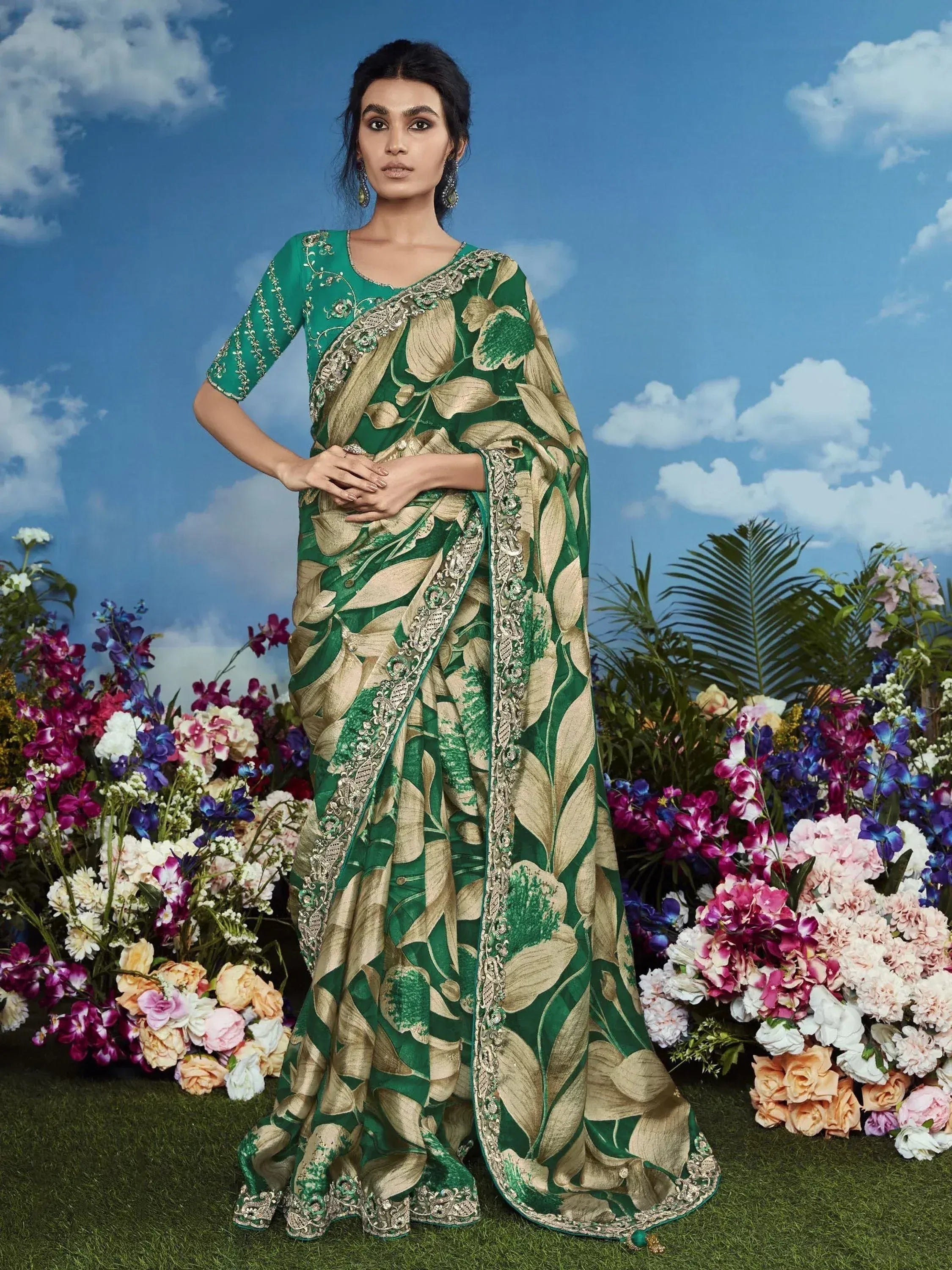 Green and gold floral print saree with embroidery, perfect for Indian ethnic wear occasions