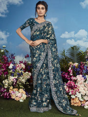 Lovely Teal Blue Floral Brasso Engagement Wear Saree With Blouse