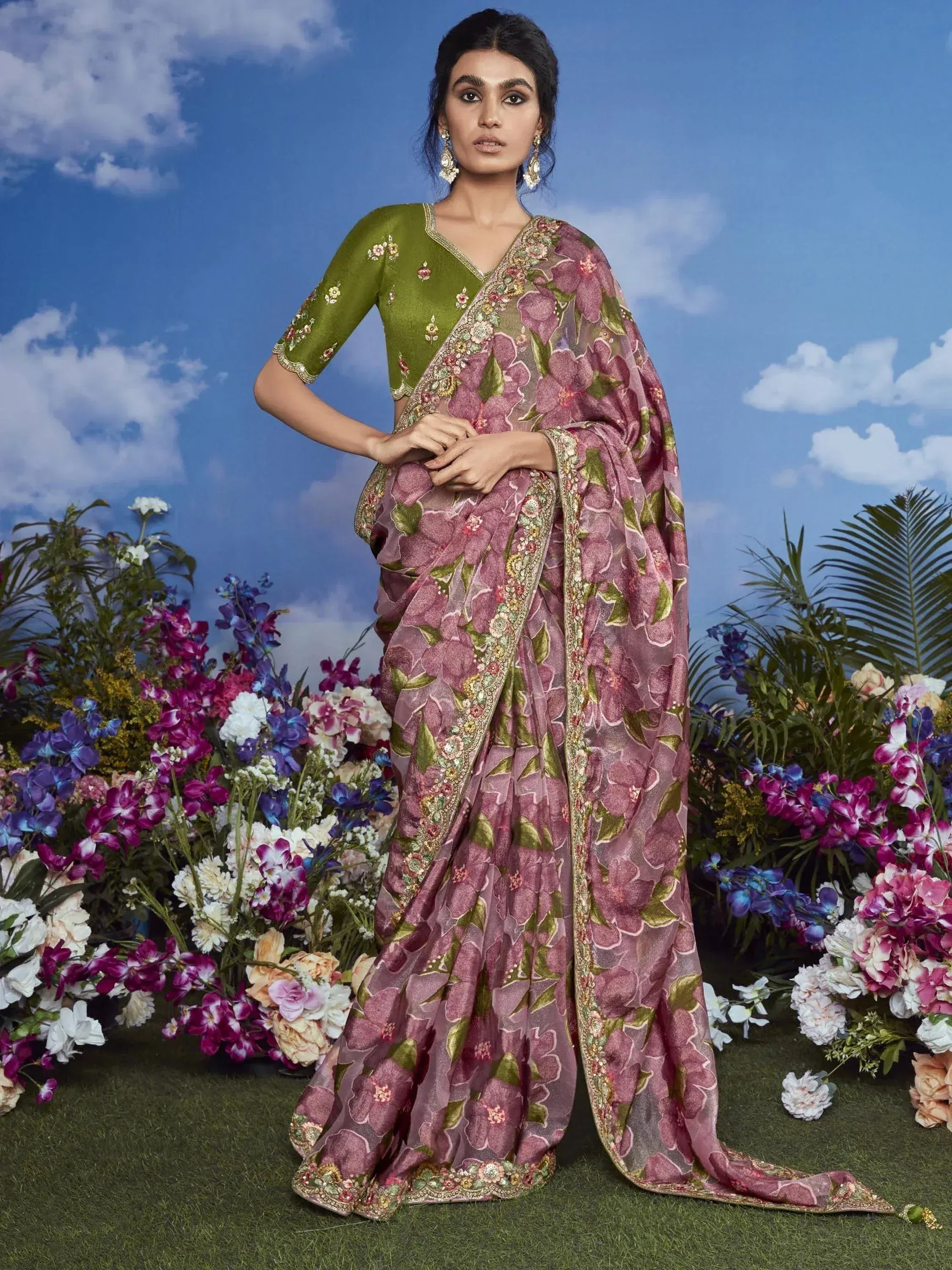Elegant floral saree with green blouse, perfect for Indian ethnic wear occasions