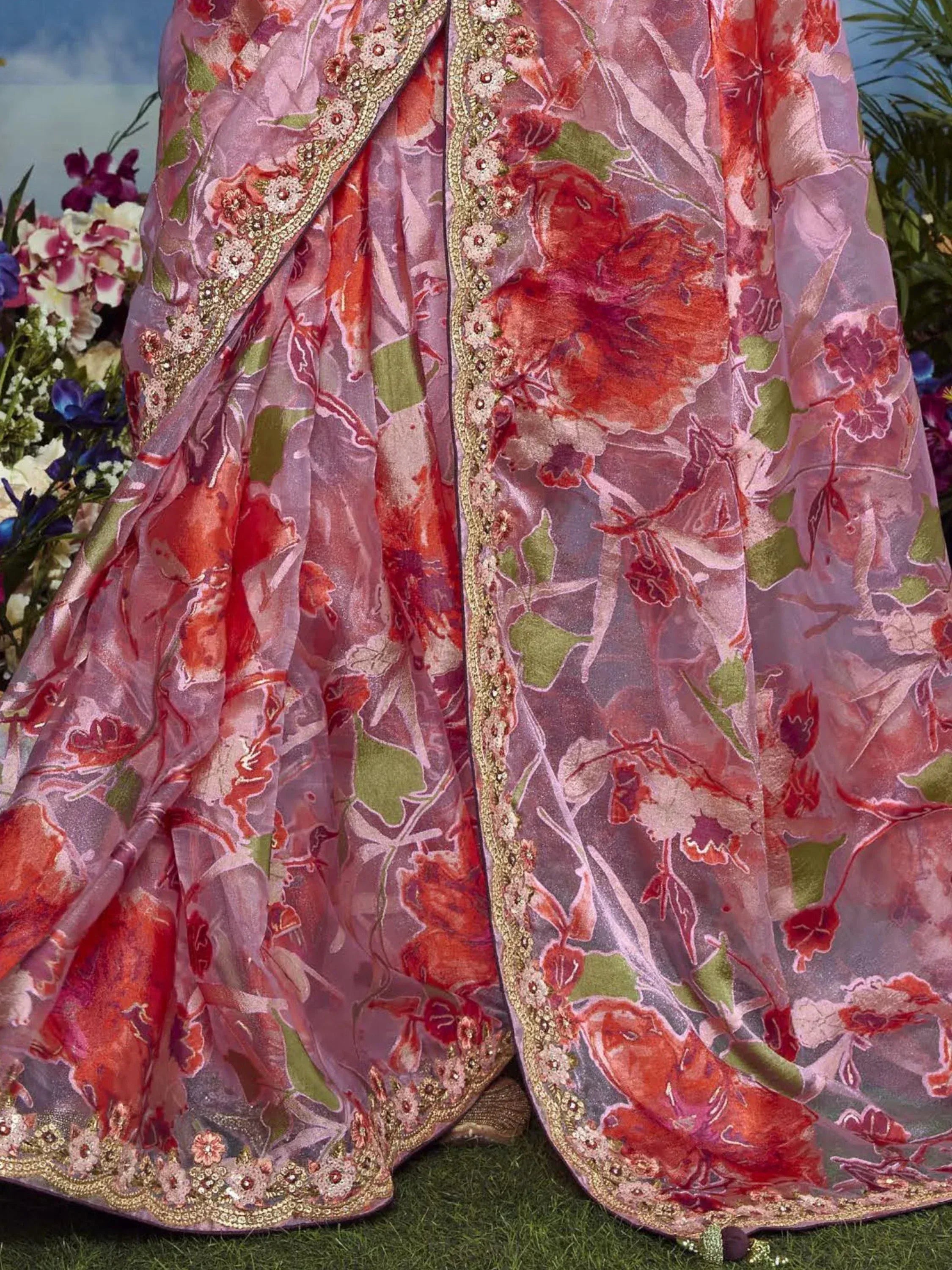 Pink floral lehenga choli with gold embroidery, perfect for Indian ethnic wear occasions