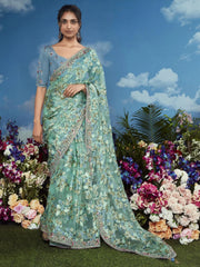 Breathtaking Sea Green Floral Brasso Wedding Wear Saree With Blouse