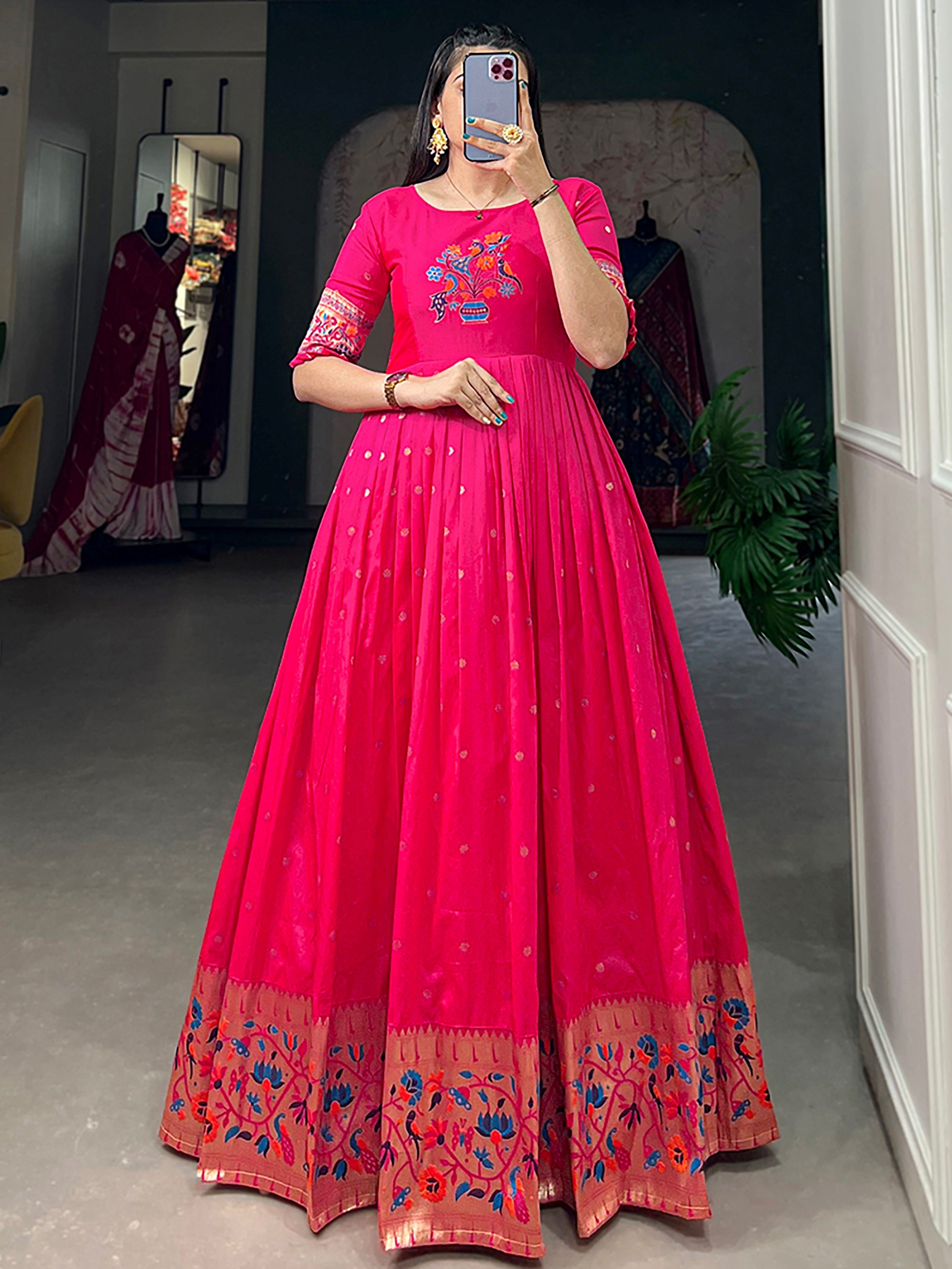 Amazing Pink Zari Weaving Silk Marriage Wear Gown