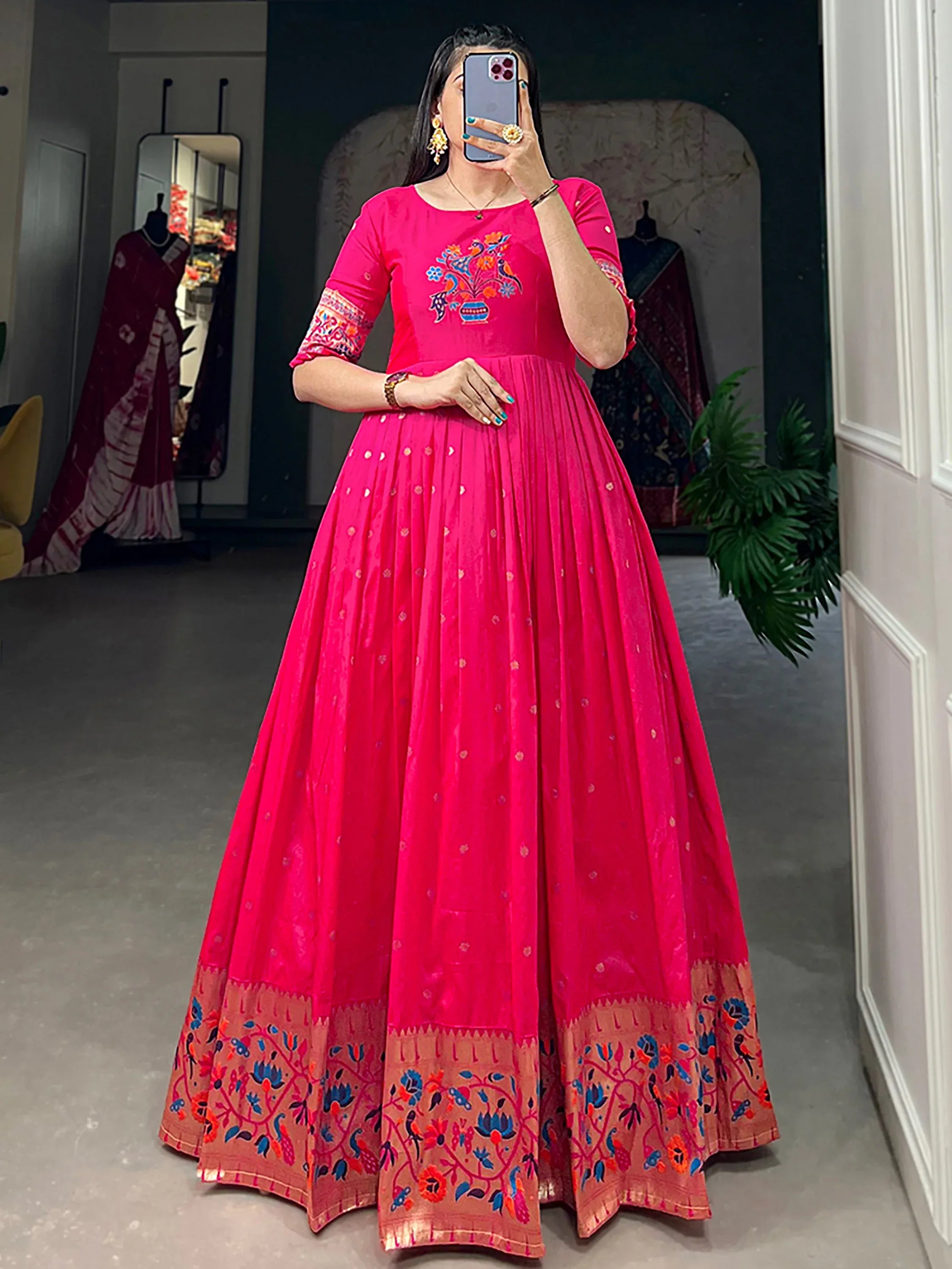 Amazing Pink Zari Weaving Silk Marriage Wear Gown