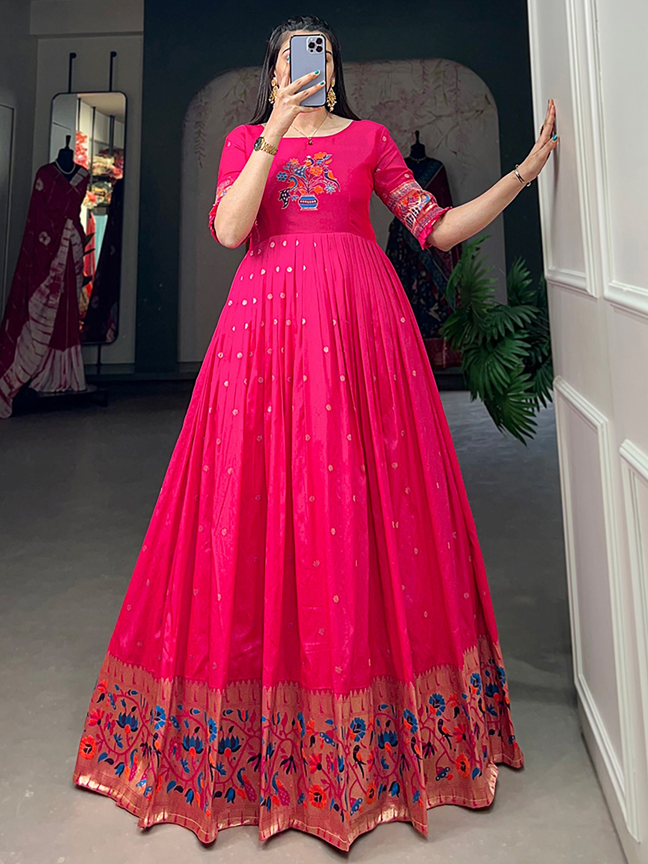 Amazing Pink Zari Weaving Silk Marriage Wear Gown