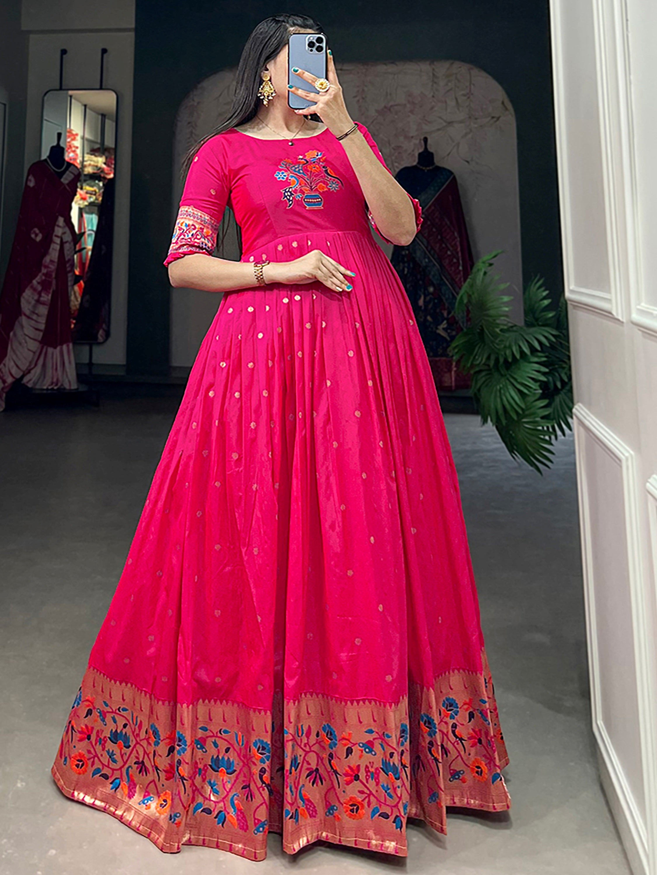 Amazing Pink Zari Weaving Silk Marriage Wear Gown