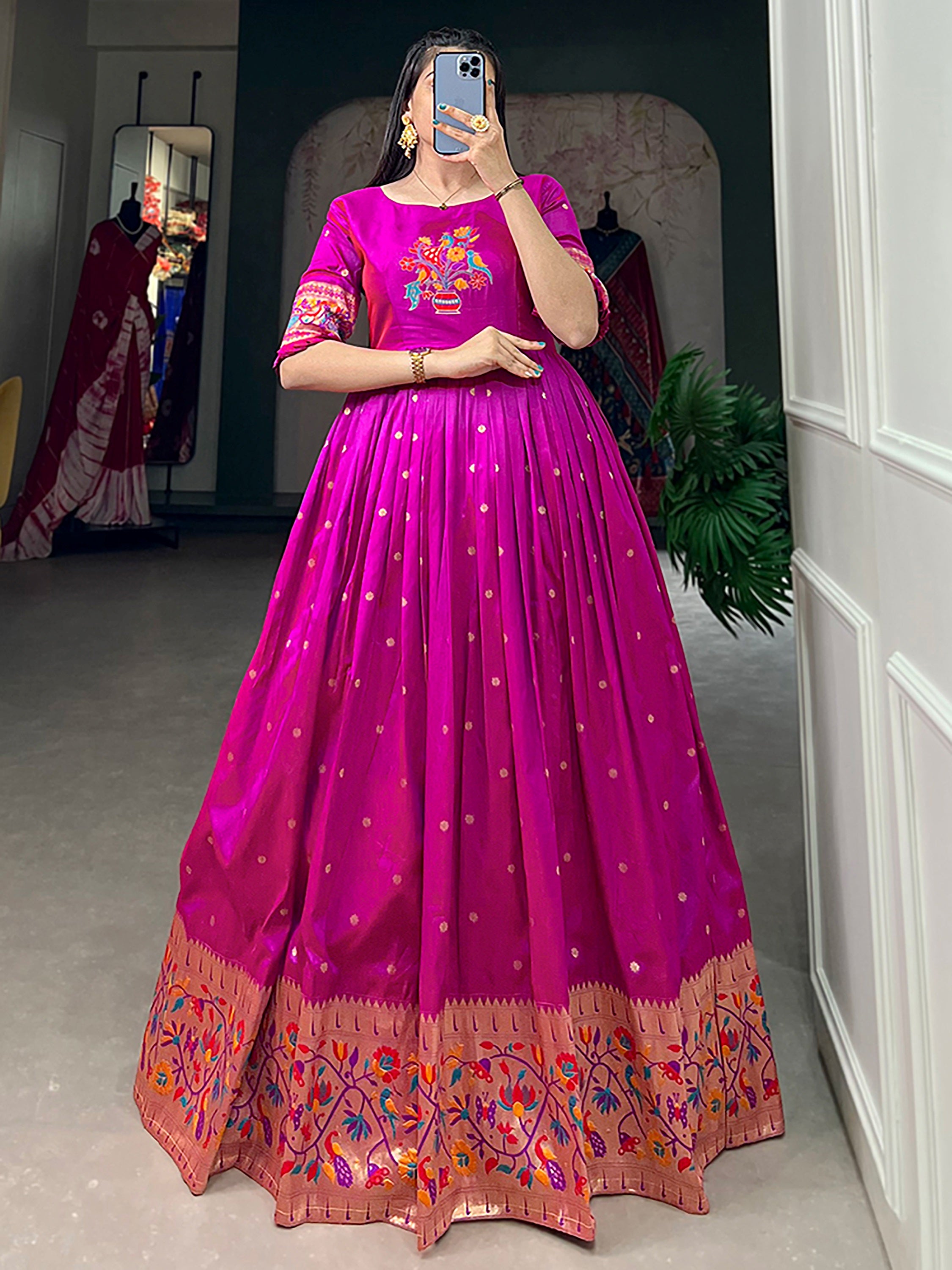Gorgeous Purple Zari Weaving Silk Festive Wear Gown