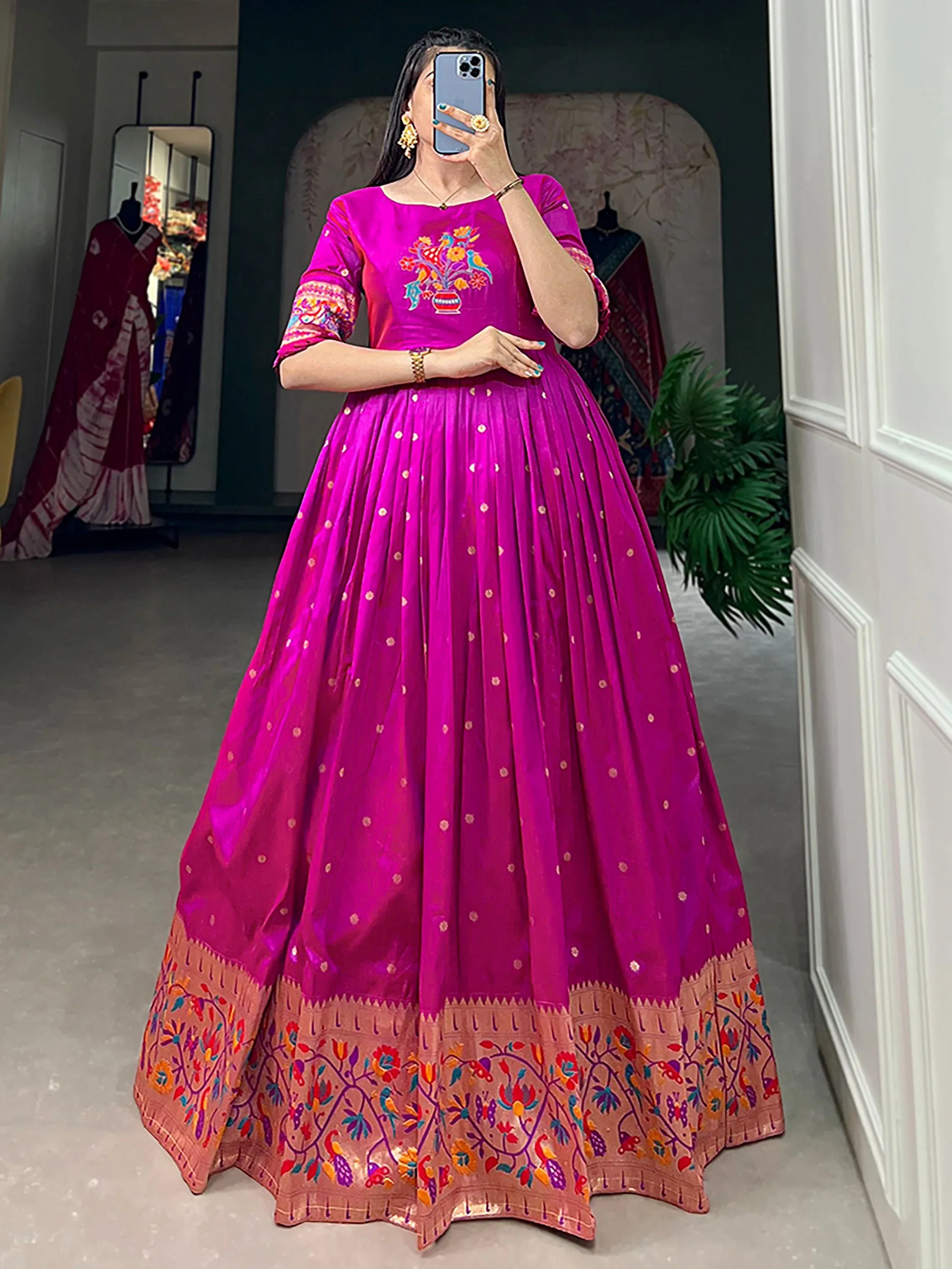 Gorgeous Purple Zari Weaving Silk Festive Wear Gown