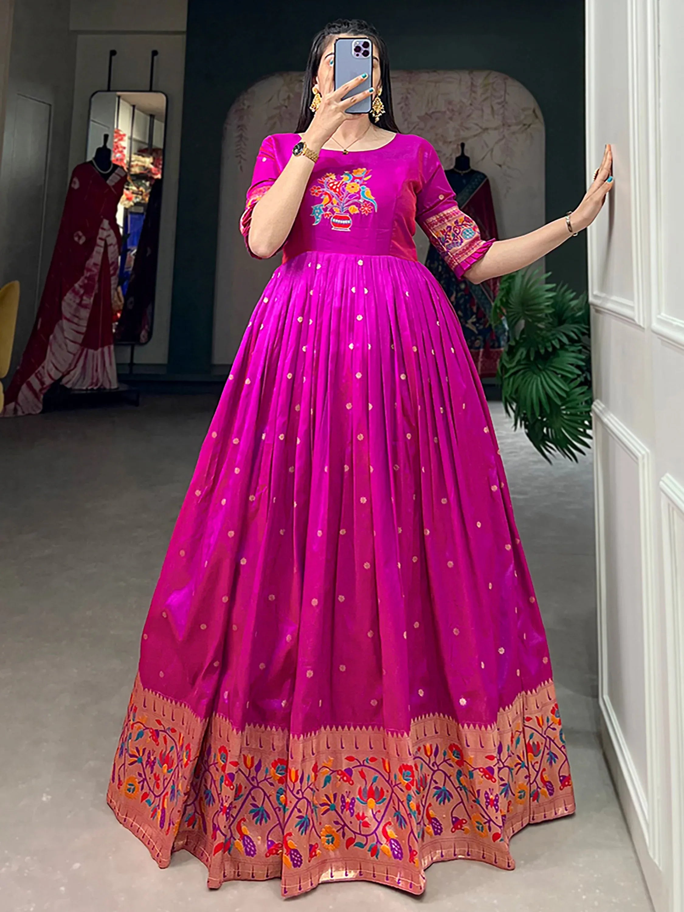 Gorgeous Purple Zari Weaving Silk Festive Wear Gown