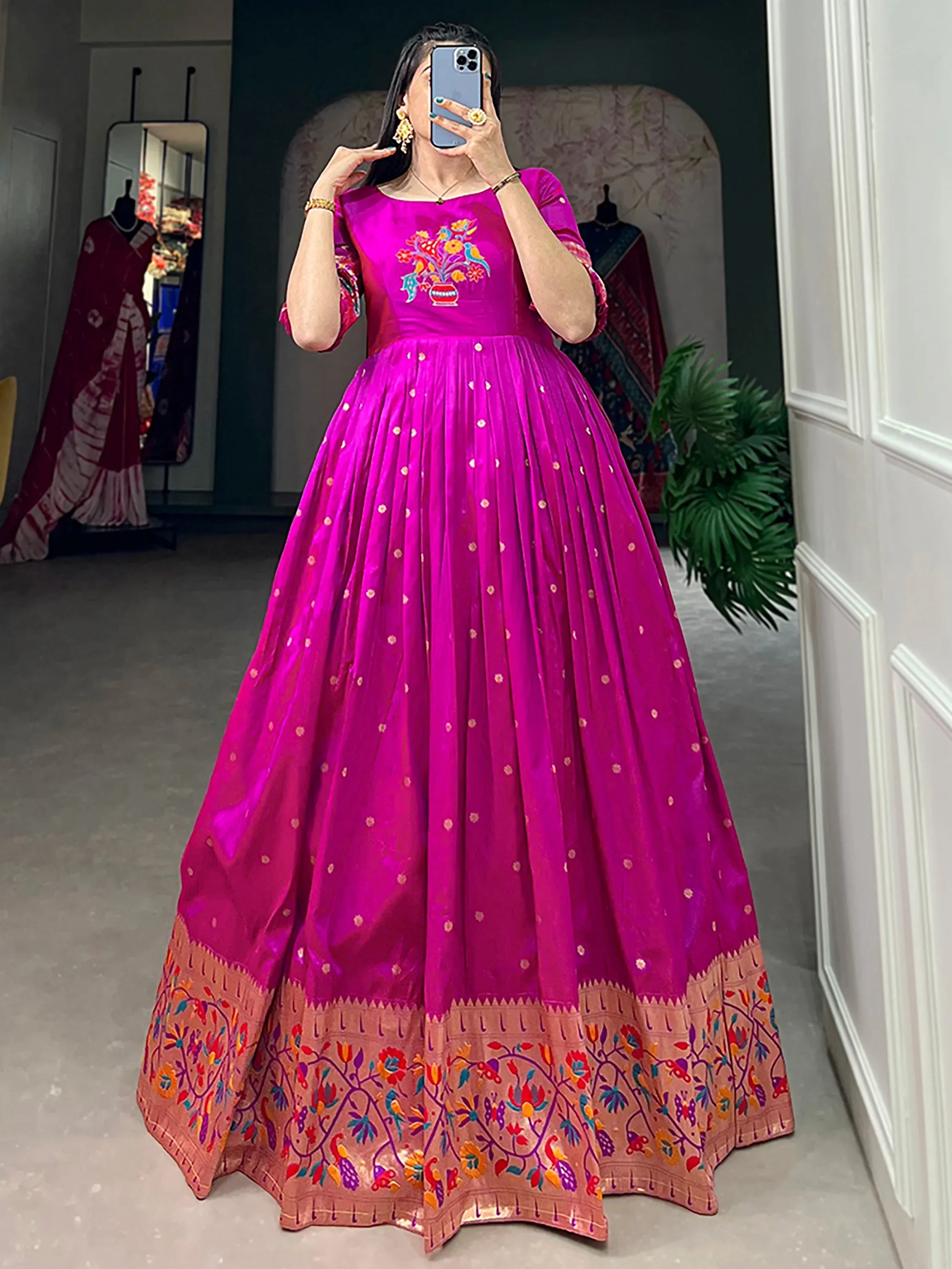 Gorgeous Purple Zari Weaving Silk Festive Wear Gown