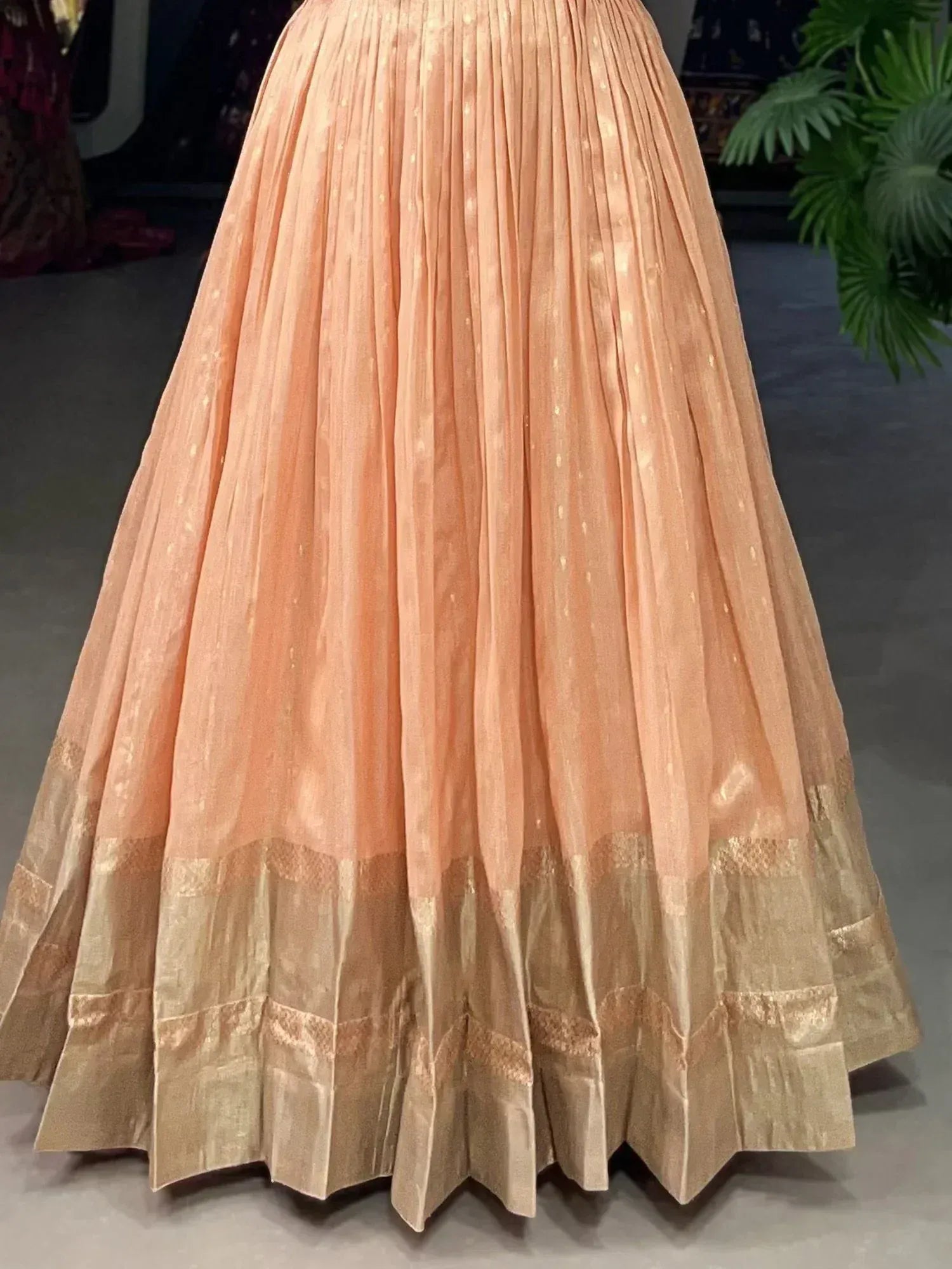 Peach pleated lehenga skirt with golden border, ethnic Indian wear
