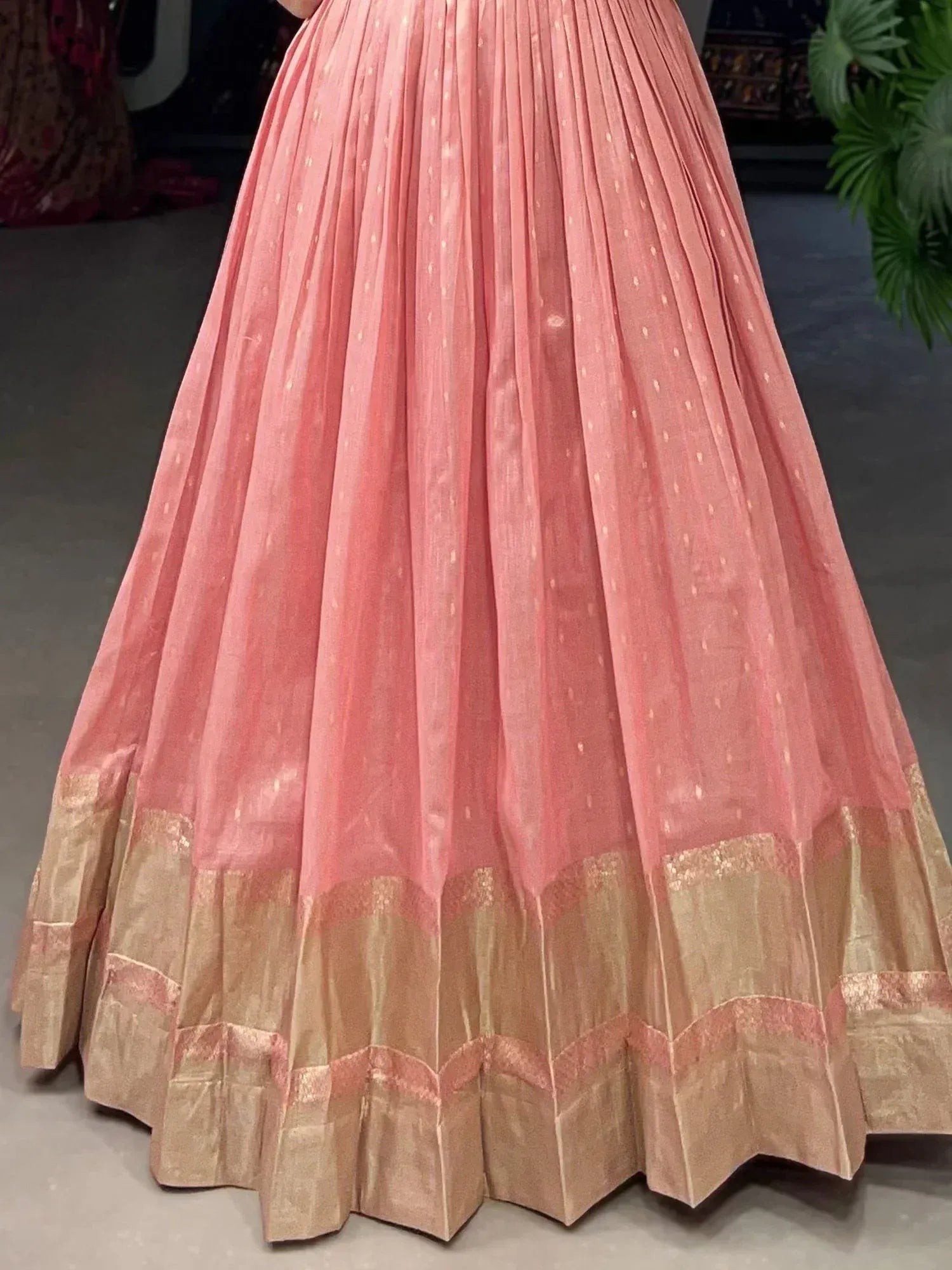 Pink pleated lehenga skirt with gold border, Indian ethnic wear