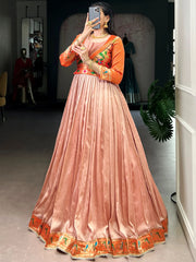 Captivating Peach Zari Weaving Silk Function Wear Gown