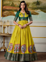 Marvelous Parrot Green Dola Silk Digital Print Event Wear Gown With Jacket