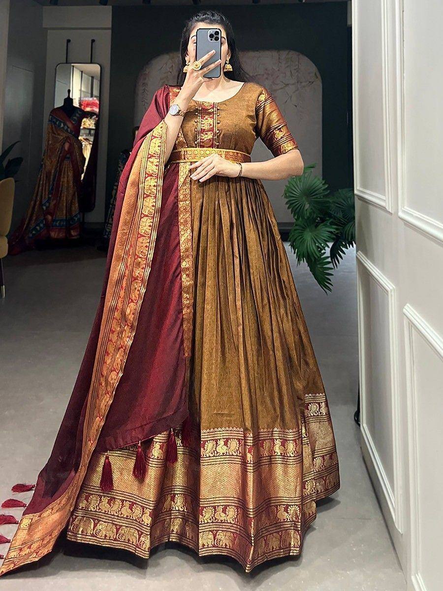 Elegant brown and maroon ethnic anarkali with gold embroidery and matching dupatta, perfect for festive occasions
