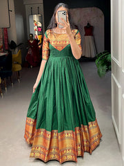 Adorning Green Cotton Zari Weaving Festival Wear Gown