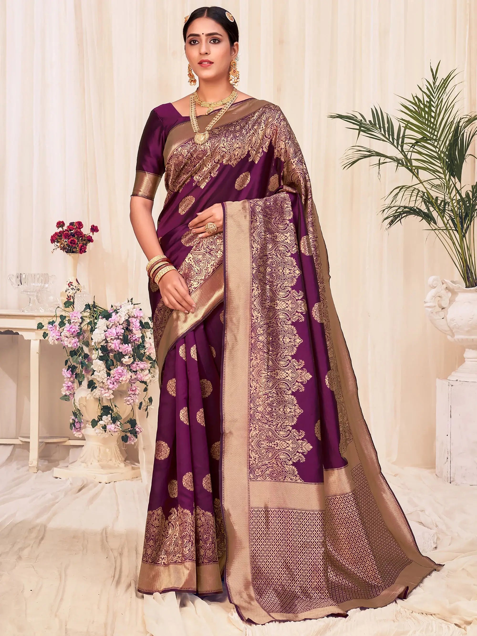 Awesome Wine Banarasi Silk Zari Weaving Event Wear Saree With Blouse