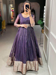 Spectacular Eggplant Purple Zari Weave Organza Festival Wear Gown