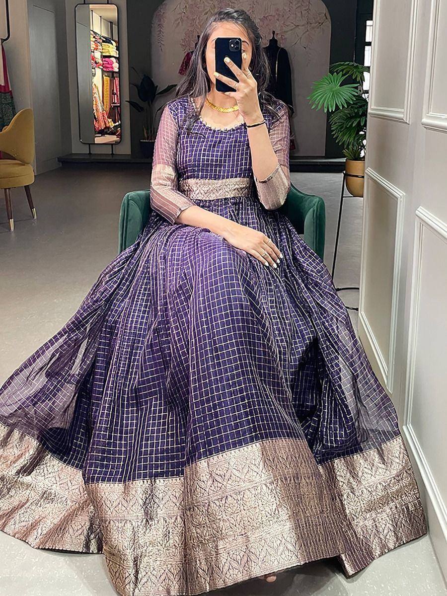 Purple checkered ethnic gown with gold border, perfect for Indian occasions and festive wear