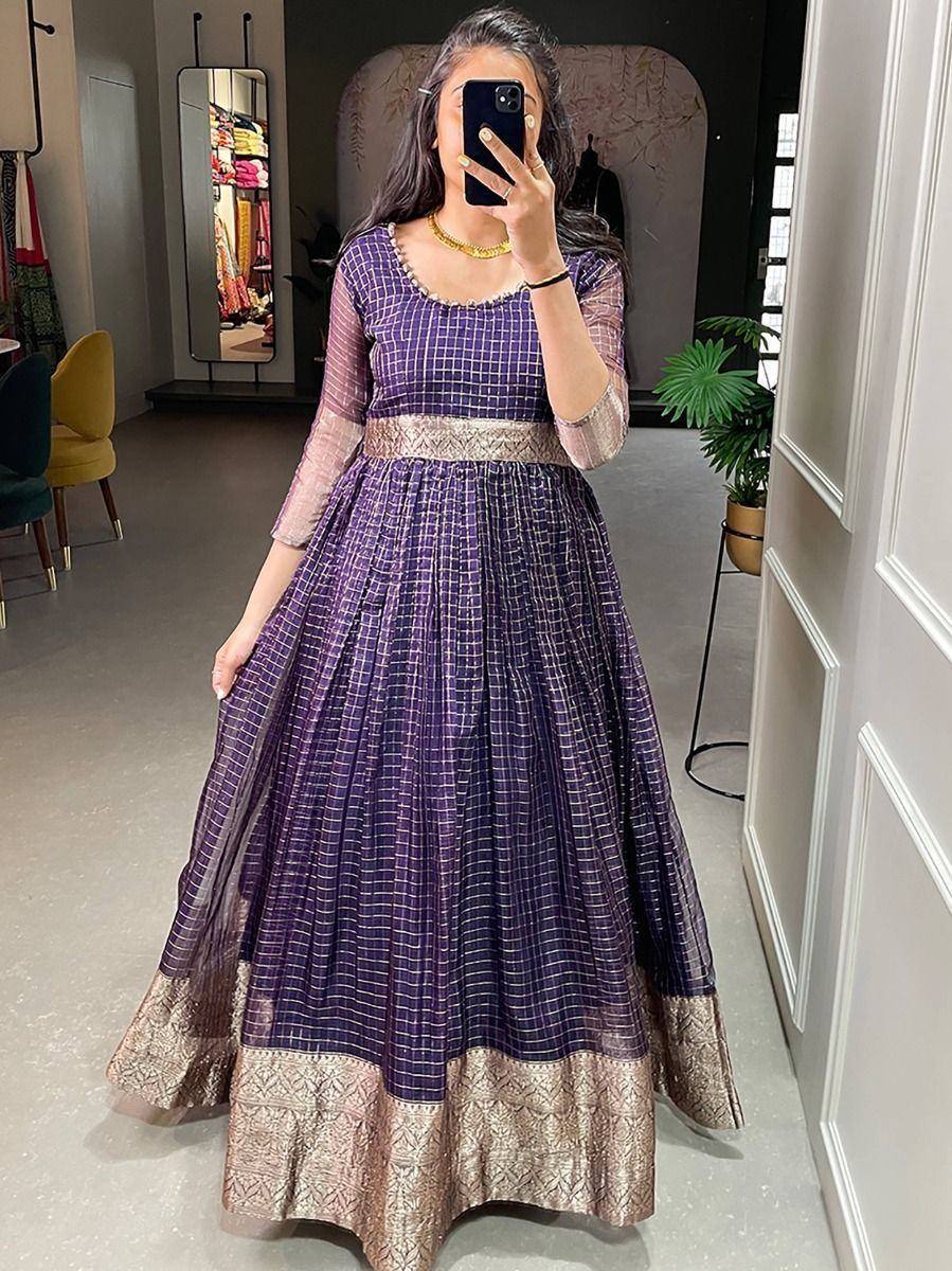 Purple checkered ethnic gown with gold border, perfect for Indian occasions and festive wear