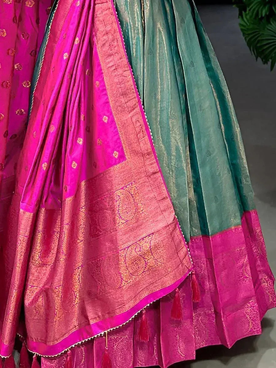 Pink and green designer lehenga choli with gold embroidery and tassels, ethnic wear for women